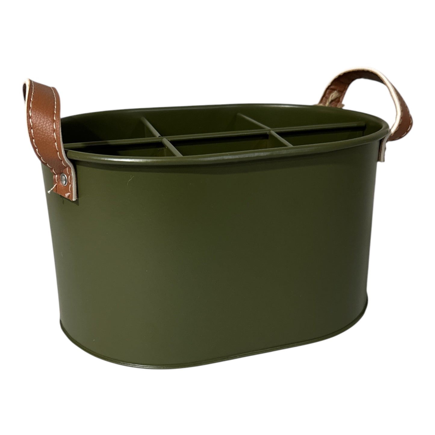 GREEN METAL CADDY W/ LEATHER HANDLES