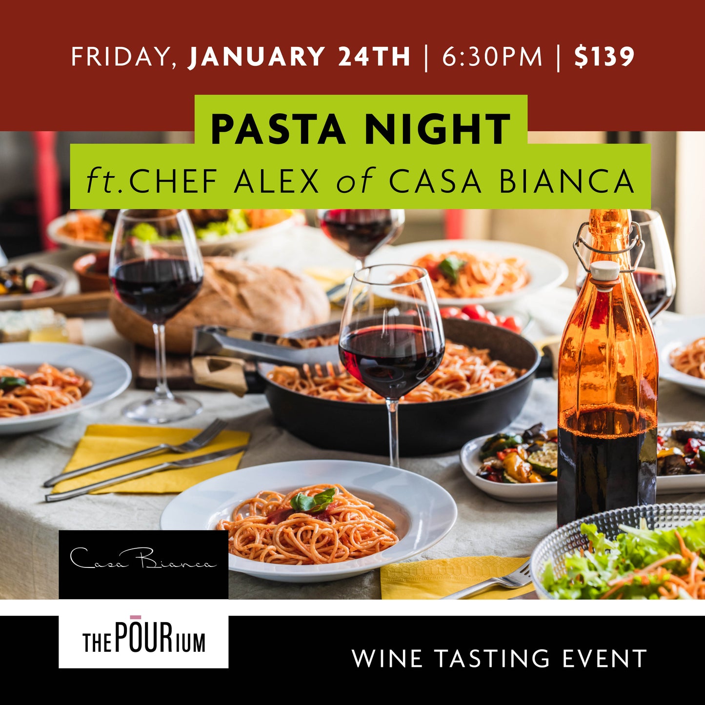 Pasta Night Wine Dinner ft Chef Alex from Casa Bianca - Jan 24, 2025 | 6:30 pm